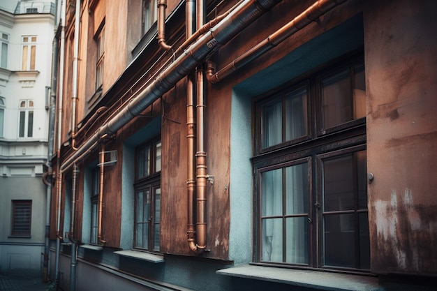 Downpipe con tubi di rame a vista e rivetti in edificio in stile retrò creato con ai generativo