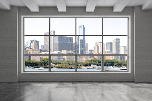 Downtown Chicago City Skyline Edifici dalla finestra Bella proprietà costosa Epmty office room Grattacieli interni Vista Lago Michigan porto sul lungomare Paesaggio urbano Giorno rendering 3d