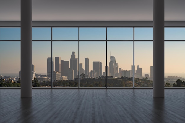 Downtown Los Angeles City Skyline Edifici da High Rise Window Bellissimo immobile costoso con vista sulla stanza Epmty Grattacieli interni Vista Paesaggio urbano Tramonto Rendering 3d