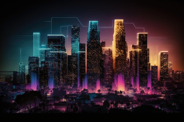 Downtown Los Angeles di notte illuminata in California USA Grattacieli della città di LA Intelligenza artificiale idea ologramma AI nelle reti neurali aziendali apprendimento automatico e robotica