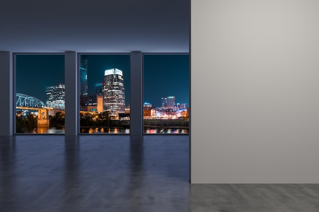 Downtown Nashville City Skyline Edifici da High Rise Window Beautiful Costoso immobile affacciato sulla stanza vuota Interno Mockup parete Grattacieli Paesaggio urbano Notte Tennessee Rendering 3d