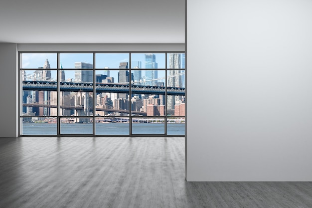 Downtown New York City Lower Manhattan Skyline edifici finestra piano alto muro mockup bianco stanza vuota interni grattacieli vista paesaggio urbano quartiere finanziario ponte di Brooklyn rendering 3d