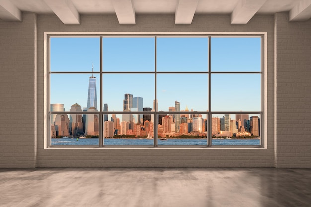 Downtown New York City Lower Manhattan Skyline Edifici High Floor Window Beautiful Costoso Real Estate Stanza vuota Interni Grattacieli Vista Paesaggio urbano Quartiere finanziario Notte Rendering 3d