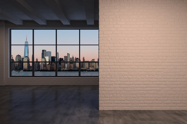 Downtown New York City Lower Manhattan Skyline Edifici High Floor Window Mock up wall Real Estate Stanza vuota Interni Grattacieli Vista Cityscape Financial district TRAMONTO Rendering 3d