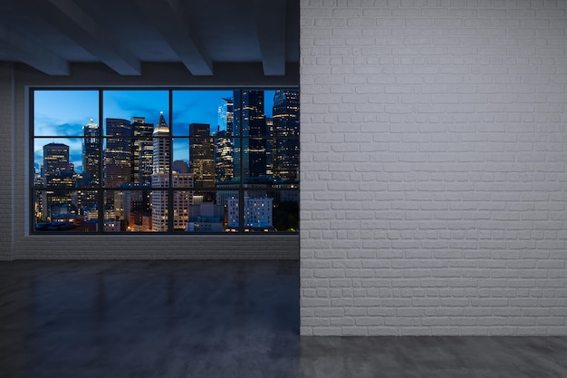 Downtown Seattle City Skyline Edifici da High Rise Window Bellissimo immobile costoso con vista sulla stanza vuota Interno Mockup wall Grattacieli Paesaggio urbano Notte USA Rendering 3d