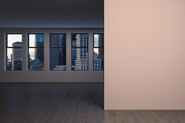 Downtown Seattle City Skyline Edifici da High Rise Window Bellissimo immobile costoso con vista sulla stanza vuota Interno Mockup wall Grattacieli Paesaggio urbano Tramonto USA Rendering 3d