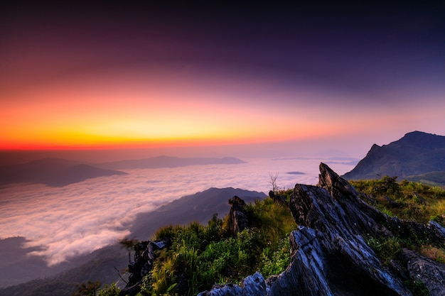 Doy-pha-tang, paesaggio mare di nebbia sul fiume Mekong nel confine della Thailandia e del Laos.