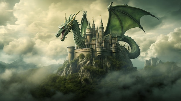 Draghi verdi sul castello in un giorno nuvoloso