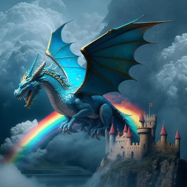 drago arafed che sorvola un castello con un arcobaleno nel cielo ai generativo