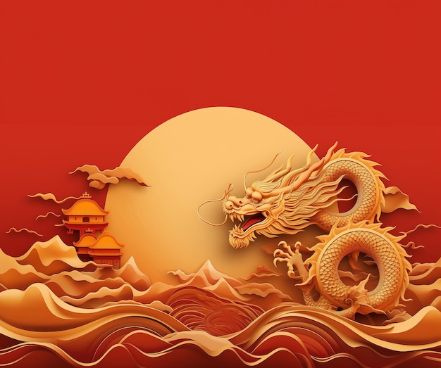 Drago cinese 3D nel cielo e nuvola su sfondo rosso GenerativeAI