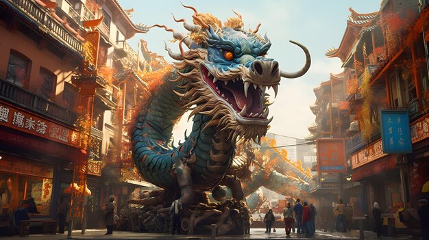 Drago cinese 3D per strada in città mentre il festival cinese del nuovo anno Dragon Background