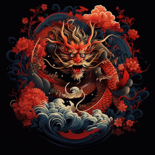 drago cinese con un design cool per la maglietta