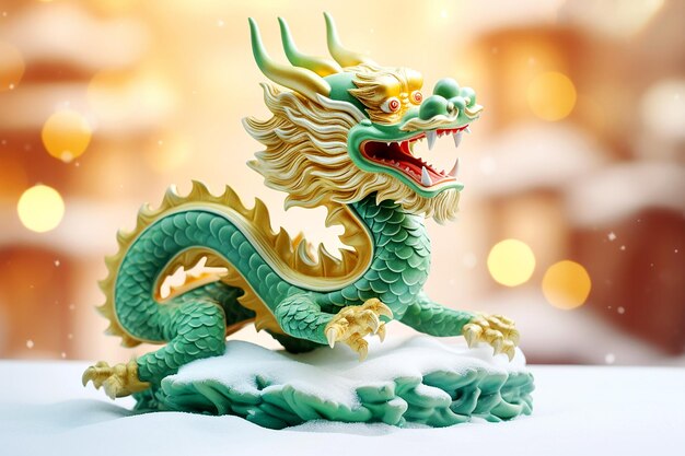 Drago cinese tradizionale su sfondo bokeh dorato festivo Statuetta di un drago di legno verde Simbolo di capodanno 2024 Capodanno cinese Cartolina di vacanza invernale di Natale Drago di legno verde 2024