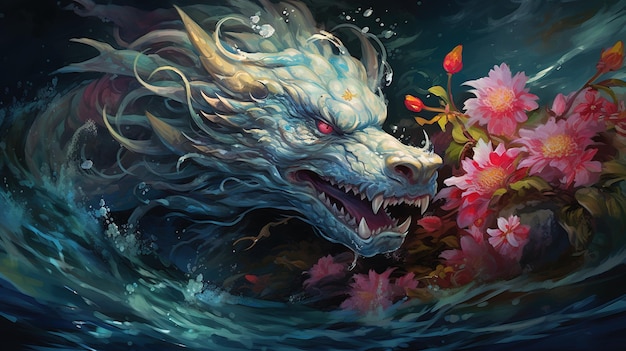 Drago d'acqua cinese blu con occhi luminosi in stile dipinto cinese Arte orientale