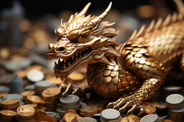 Drago d'oro circondato da monete d'oro Concetto di ricchezza e abbondanza