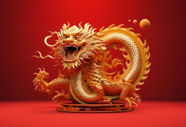 Drago d'oro in piedi sul pavimento rosso e sfondo rosso segno di fortuna dalla Cina in stile cinese