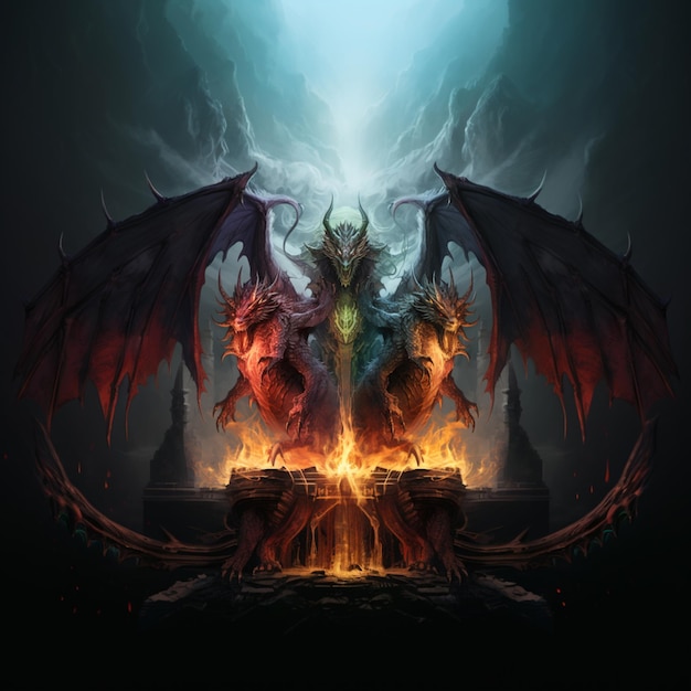 drago demoniaco con fuoco e fiamme davanti a un pozzo del fuoco ai generativo