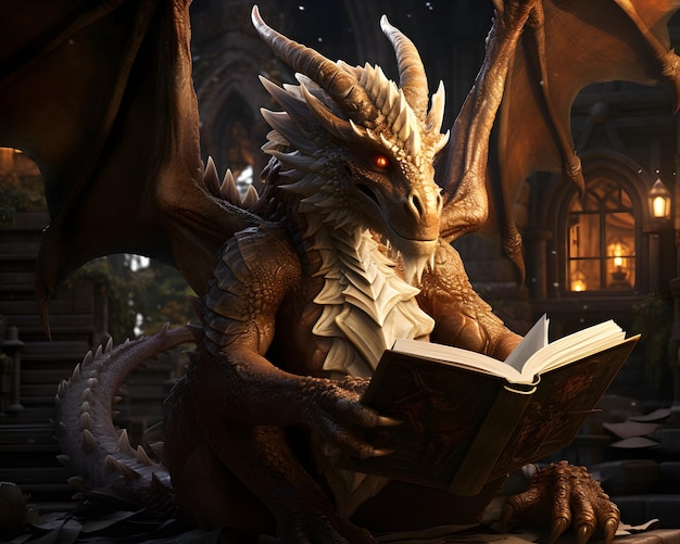 drago di favola realistico con un libro magico nel castello