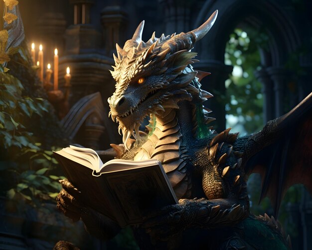 drago di favola realistico con un libro magico nel castello