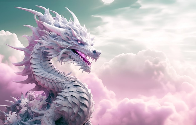Drago nel cielo simbolo del Capodanno cinese illustrazione 3D Drago fantastico nel cielo rosa