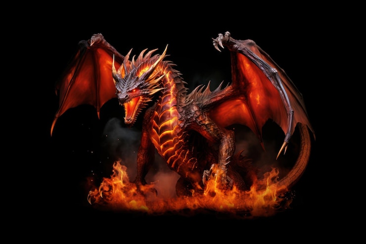 Foto drago pieno corpo drago fuoco oscurità