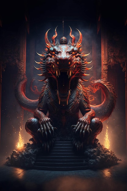 Drago rosso seduto su un trono in una stanza buia ai generativa