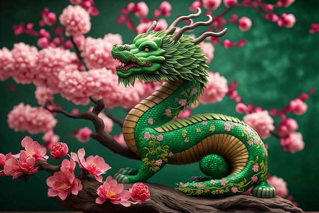 Drago verde mostro misterioso delle favole e simbolo dell'anno lunare 2024 nel calendario cinese Generato da AI