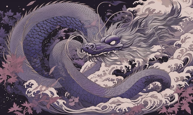 Drago viola nell'acqua con le onde e le parole drago su di esso.