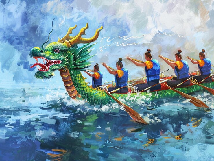 Dragon boat racing for Duanwu festival with a group of paddlers in the river