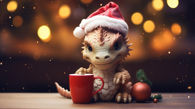 Dragone carino con una tazza di caffè e luci di Natale sullo sfondo