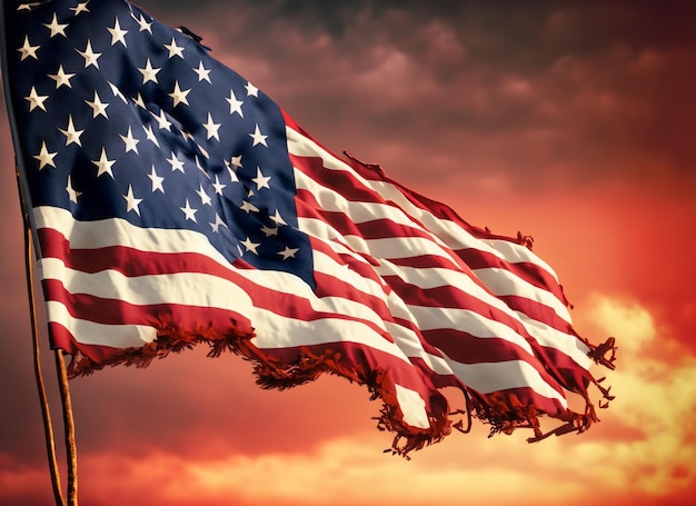drammatica bandiera americana ondulata nel cielo rosso