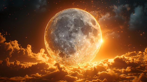 Drammatica grande luna che sorge sulle nuvole al tramonto maestoso cielo notturno perfetto per sfondi e progetti d'arte digitale surreale e atmosferica AI