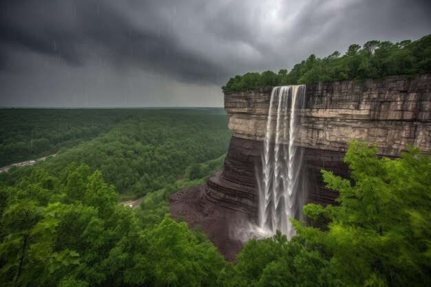 Drammatica scena della cascata con cieli tempestosi, fulmini e pioggia creata con l'IA generativa