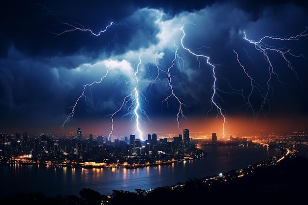 Drammatica tempesta di fulmini su un paesaggio urbano