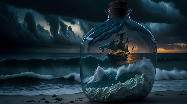 Drammatica tempesta di prigionia e nave pirata racchiusa in vetro