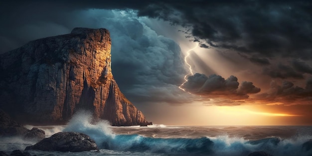 drammatica tempesta sul mare al tramonto alleggerimento della natura selvaggia drammatico cielo nuvoloso rock fascio di sole
