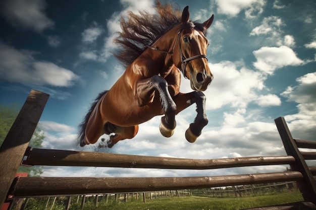 Drammatica vista in basso angolo di un cavallo che vola sopra un ostacolo