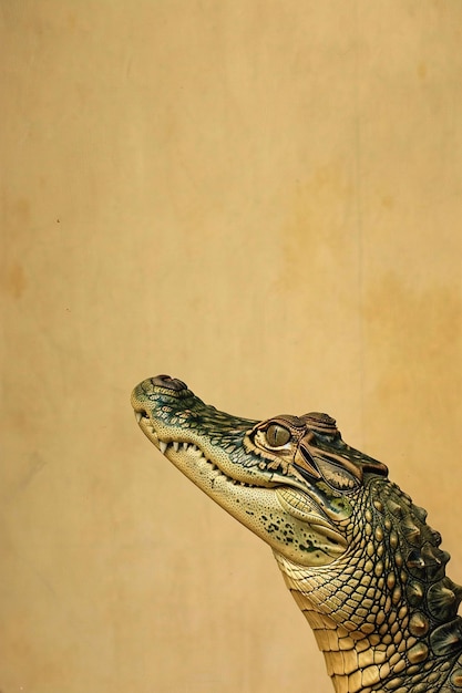 Drammatica vista laterale di una testa di coccodrillo su uno sfondo beige perfetta per contenuti educativi, argomenti di conservazione della fauna selvatica e progetti creativi sorprendenti.