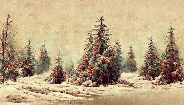Drammatico paesaggio invernale con neve e abeti come carta da parati natalizia vintage Generativo Ai