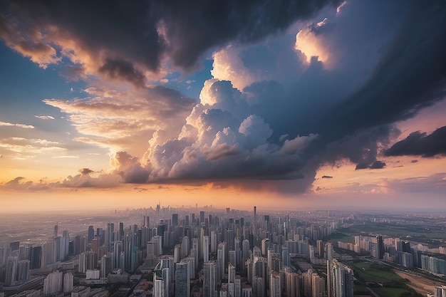 Drammatico paesaggio nuvoloso serale in città