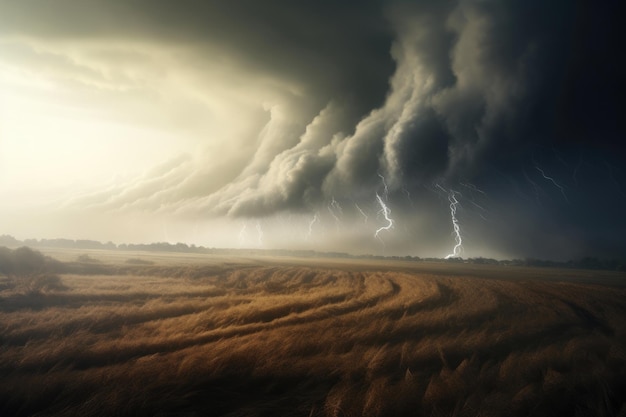 Drammatico tornado che scende sul paesaggio rurale