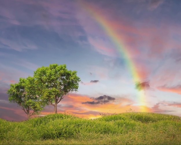 drammatico tramonto cielo campo verde e alberi natura paesaggio