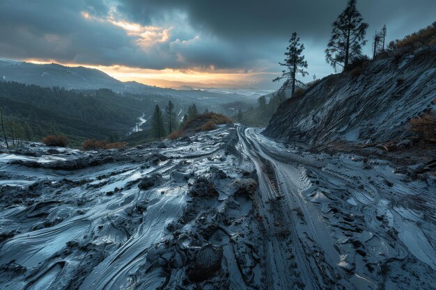 Drammatico tramonto su un paesaggio fangoso con tracce di pneumatici e vista sulle montagne