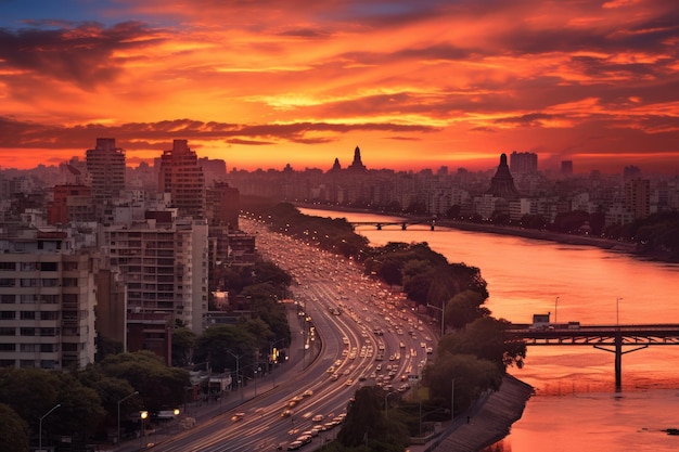 Drammatico tramonto sul fiume Dnieper a Kiev Ucraina tramonto su Buenos Aires Argentina AI Generato