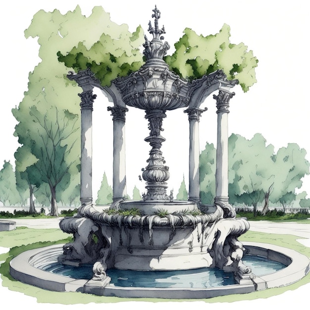 Drawinf dell'acquerello della fontana antica