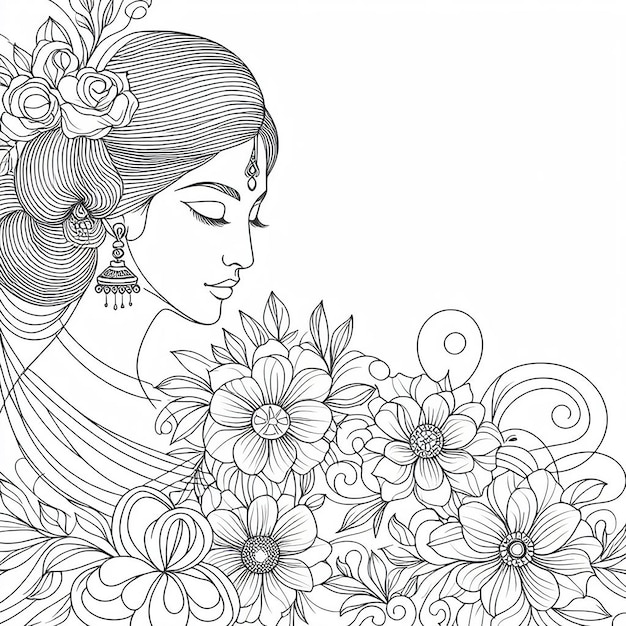 Drawing line donna con fiori stile line art