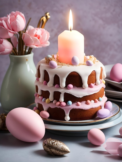 DreamShaper_v7_Traditional_easter_cake_with_candle_and_pink_ea_1 4