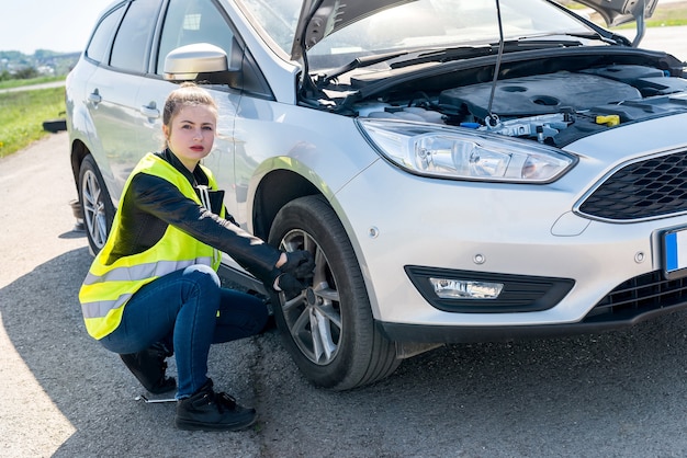 Driver della donna che cambierà la ruota danneggiata