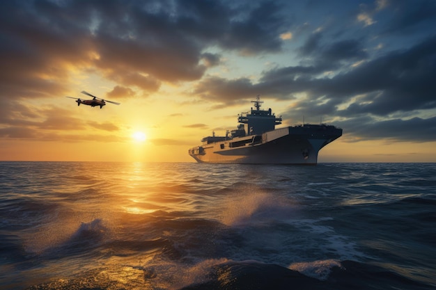 Drone acquatico vicino a una grande nave militare