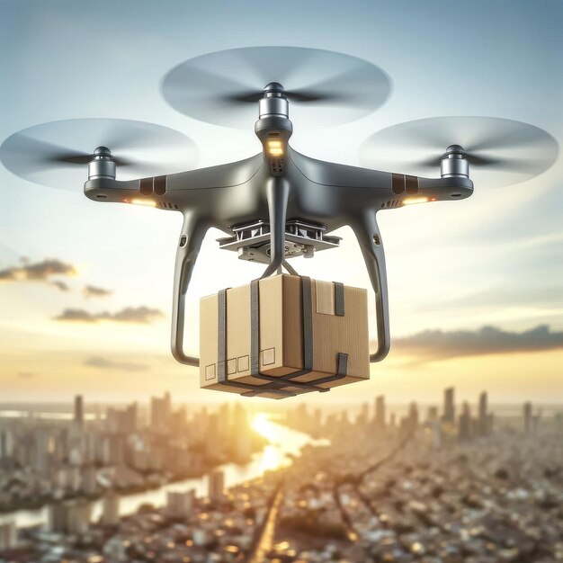 Drone aereo che trasporta un pacco su un paesaggio urbano al tramonto Concepto di commercio tecnologico urbano